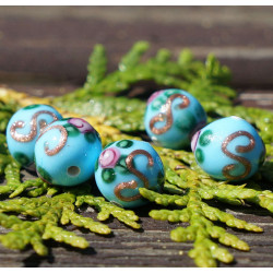 Neprůhledné Tyrkysová Zlatá Květina Vinuté Perle Grace Lampwork Korálky Pár české Ručně vyráběné Skleněné Korálky SRA Řemeslník