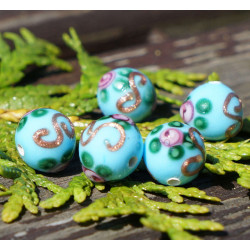 Neprůhledné Tyrkysová Zlatá Květina Vinuté Perle Grace Lampwork Korálky Pár české Ručně vyráběné Skleněné Korálky SRA Řemeslník