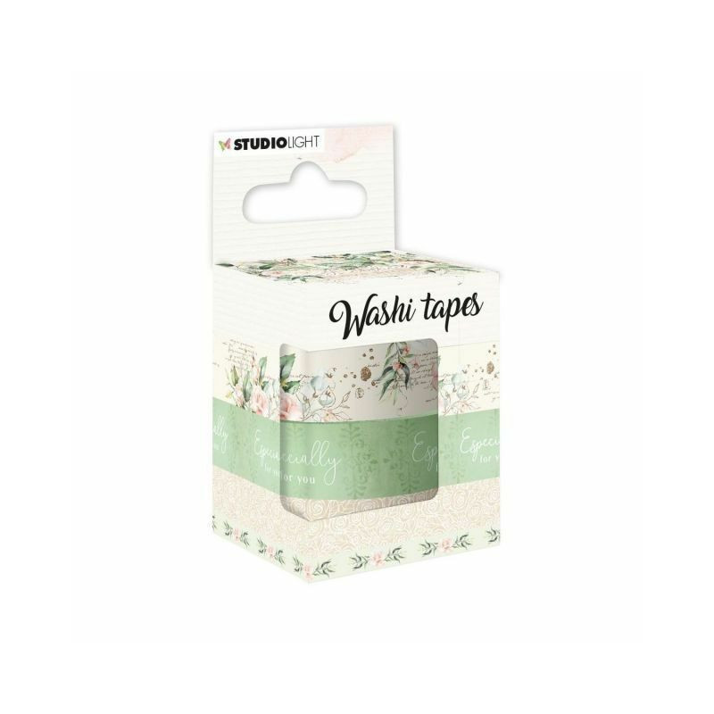 Samolepicí papírová washi páska sada - zeleno béžová s květinami (4ks), Studio Light papírové pásky samolepky scrapbooking