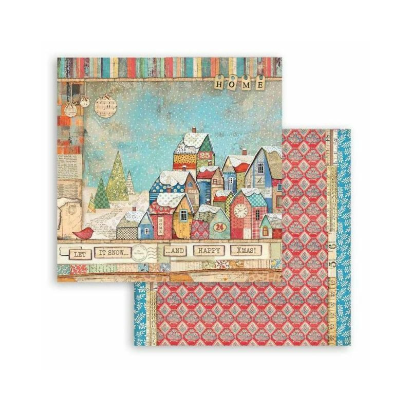 Stamperia Oboustranný papír na scrapbook Christmas Patchwork vesnice , 30 x 30 vánoce papíry listy potiskem scrapbooking