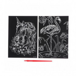 Sada gravírování "Unicorn a flamingo" s kovovým efektem "zlato", 2 ks., A5 Scratch Art DIY Kit Silver Metallic Effect Painting