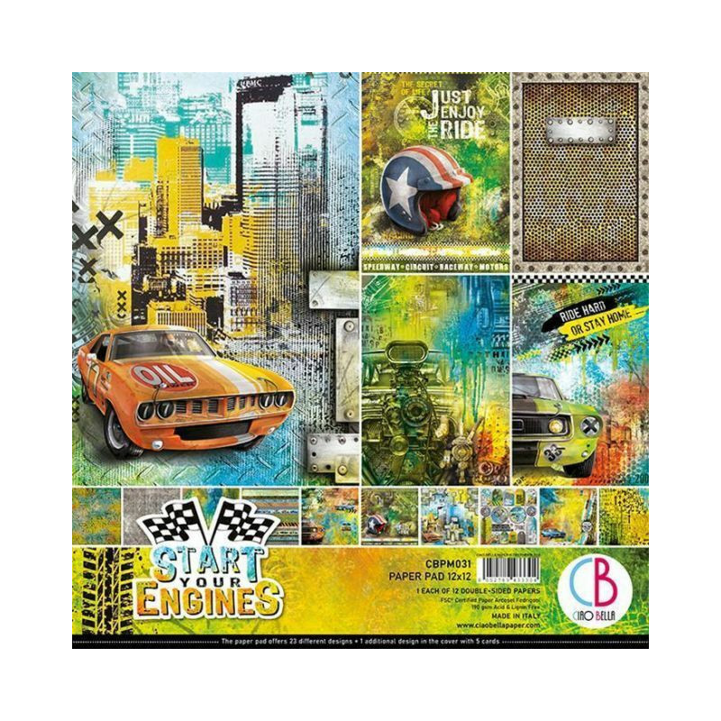 CIAO BELLA Sada oboustranných papírů 30x30cm Start your Engines (11ks), , papíry sady potiskem scrapbooking