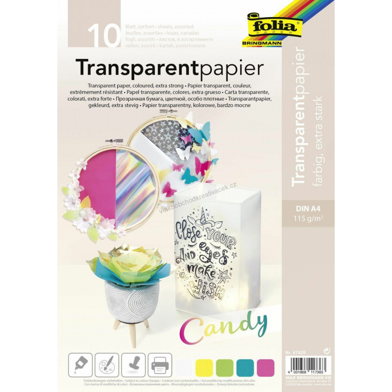 Transparent Papír - Mix Barev - Extra Silný - 10 Listů, Folia Bringmann