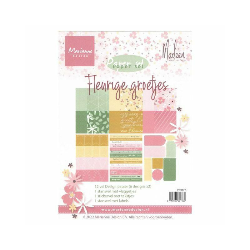 Marianne Design Sada papírů A5 + samolepky a papírové výřezy (12+3ks) - Fleurige groetjes , papíry jednobarevné, scrapbooking