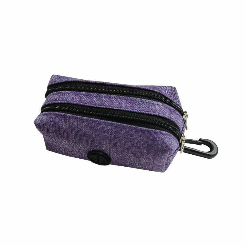 Purple - Tkanina Přenosné Pet Dog Poop Waste Bag Dispenser Dvojitý Zippered Pouch držák s Clasp 12x6x5cm 1 kus