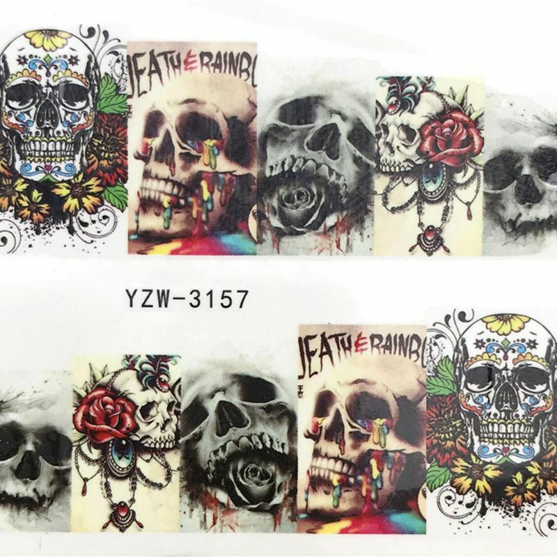 PVC Nail Art samolepky dekorace Skeleton Skull Rose Flower Multicolor 6cm x 5cm 1 list