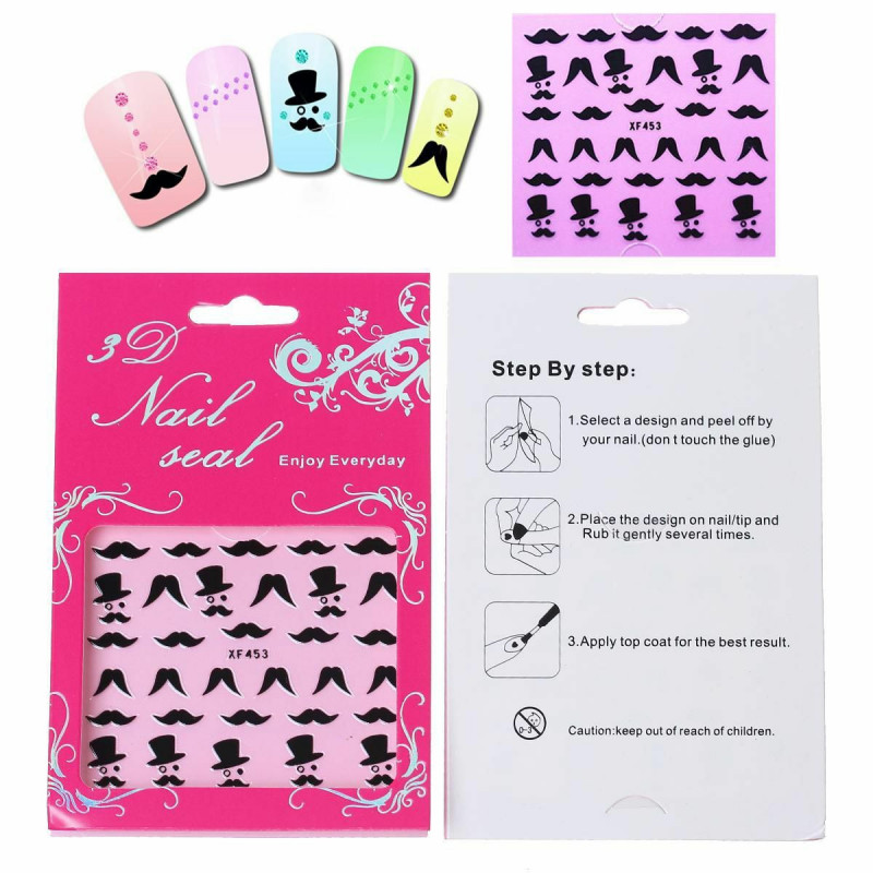 PET 3D Nail Art samolepky dekorace DIY Craft pánové knír černý 63mm (2 4/8") x 52mm (2"), 1 list