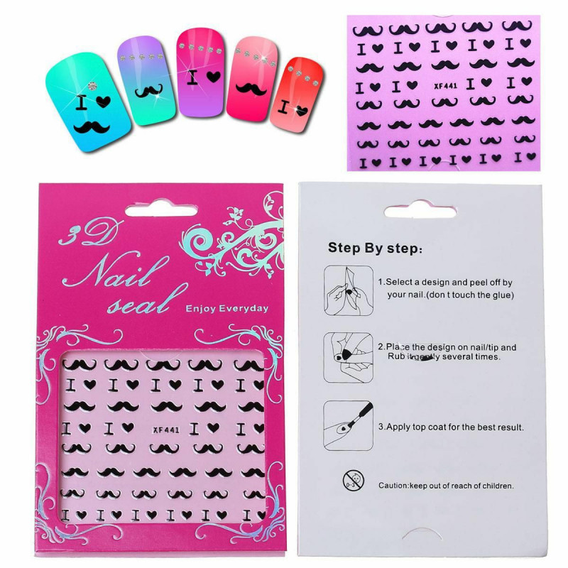 PET 3D Nail Art samolepky dekorace DIY Craft knír srdce Černá 63mm (2 4/8") x 52mm (2"), 1 list