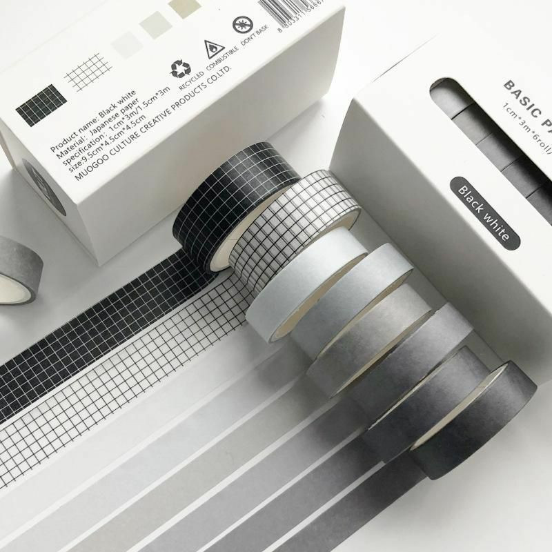 Gray-8ks / Box Retro Grid jednobarevné základní dekorace Washi Tape Set DIY zápisníku roztomilý nálepka Kawaii maskovací páska