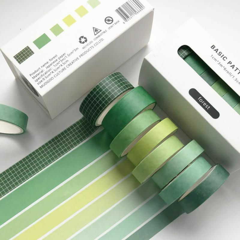 Green-8ks / Box Retro Grid jednobarevné základní dekorace Washi Tape Set DIY zápisníku roztomilý nálepka Kawaii maskovací páska