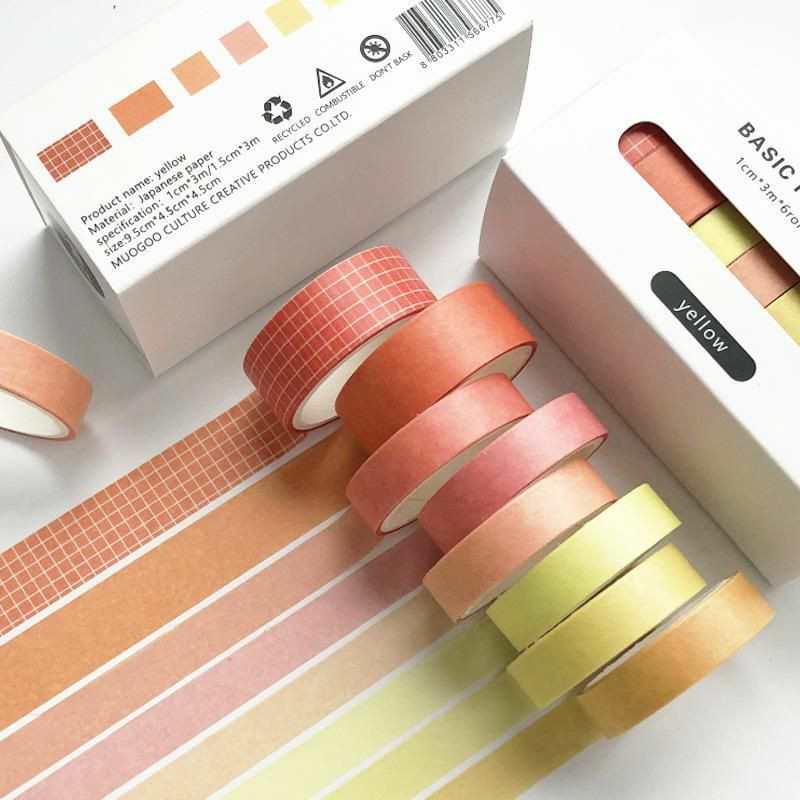 Žlutá-8ks / Box Retro Grid jednobarevná základní dekorace Washi Tape Set DIY zápisníku roztomilý nálepka Kawaii maskovací páska