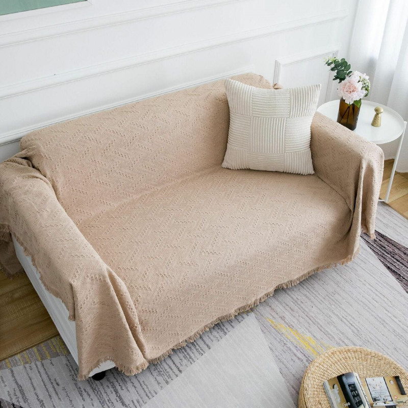 Khaki - Bavlněná polyesterová směs dvojitého účelu Blanket Sofa Cover s Tassel Solid Color 90x150cm 1 kus