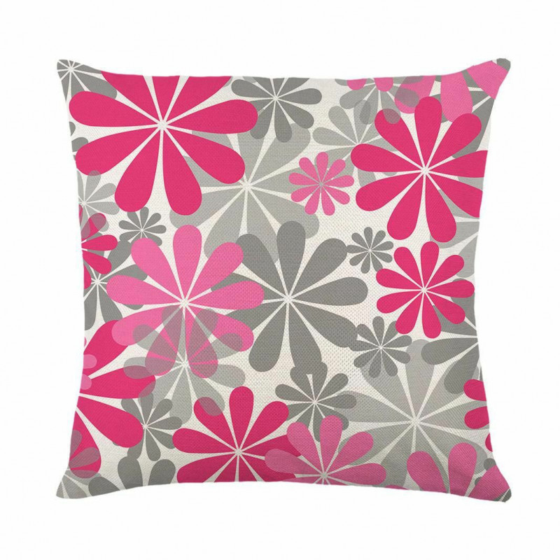 Pink & Gray-15 Flower tištěný vodotěsný Antifouling Polyester & len čtvercový povlak na polštář bytový textil 45x45cm 1 kus