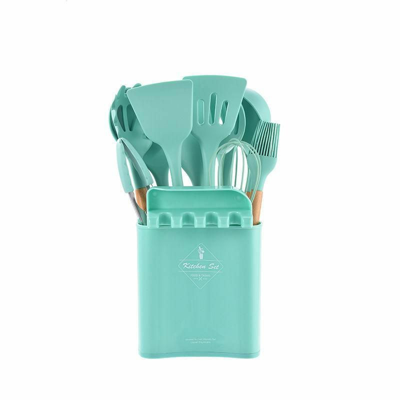 Mint Green - Silicone & Beech Wood Heat Resistant Non-Stick Kuchyňské nářadí 12pcs Set Kuchyňské nástroje s úložným boxem