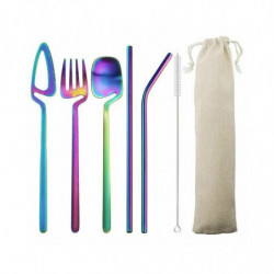 Multicolor - Nůž z nerezové oceli Fork Spoon Straw Brush Přenosná sada s taškou Drawstring Tableware Cutlery 23.5cm dlouhá -