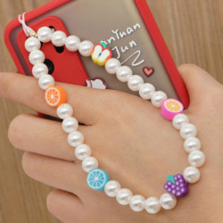 Polymerové hlíny a akrylové oblouky Mobilní telefon řetěz Lanyard Multicolor Round Fruit Imitation Pearl 28cm dlouhý, 1 kus