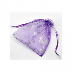 Organza Šperkové tašky Drawstring Obdélníkové Tmavě fialové motýlí Vzor 16cm x13cm(6 2/8" x5 1/8"), 50 ks