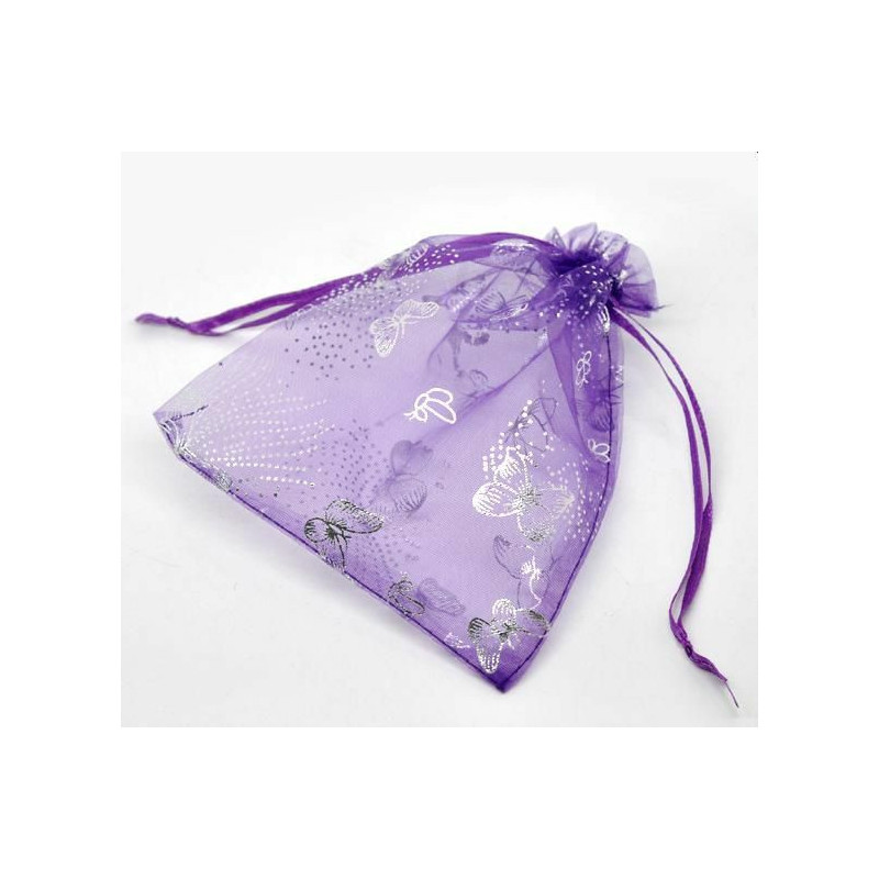 Organza Šperkové tašky Drawstring Obdélníkové Tmavě fialové motýlí Vzor 16cm x13cm(6 2/8" x5 1/8"), 50 ks