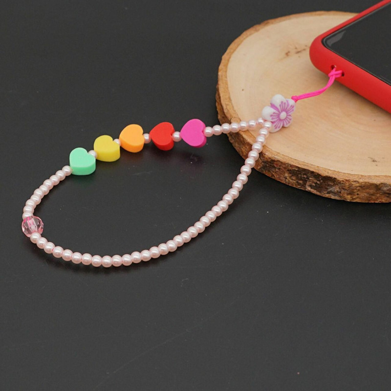 Polymerová hlína a akrylové oblouky Mobilní telefon řetěz Lanyard Light Pink Heart Flower Imitation Pearl 28cm dlouhý, 1 kus