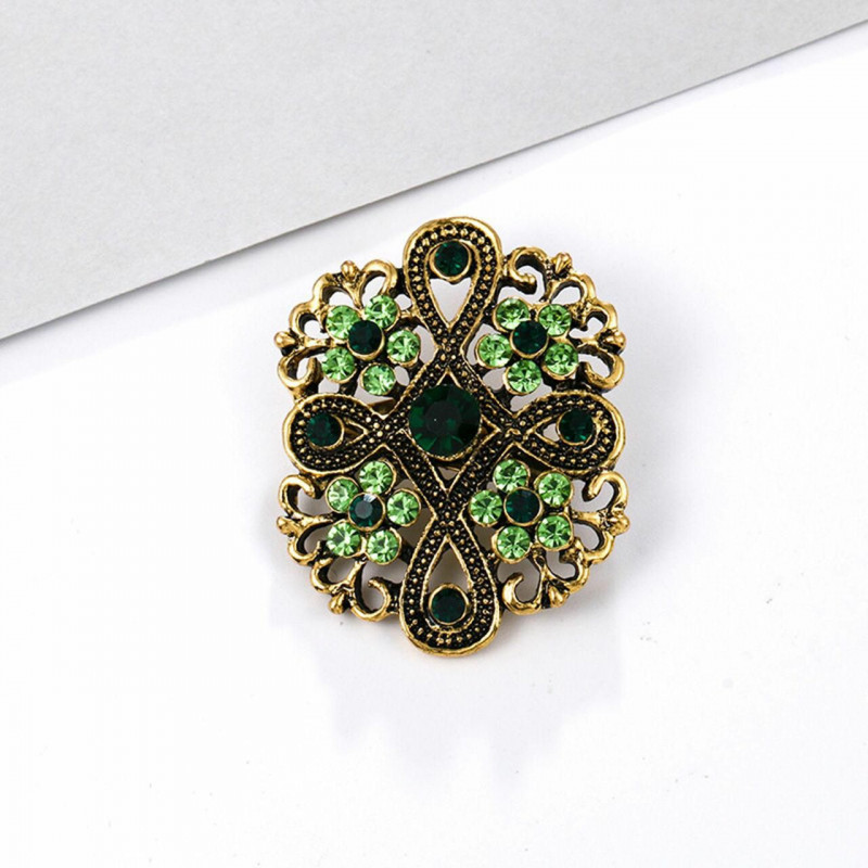 Zinek na bázi slitiny Pin Brože Flower Antique Bronz Green drahokamu 4cm x 3cm 1 kus