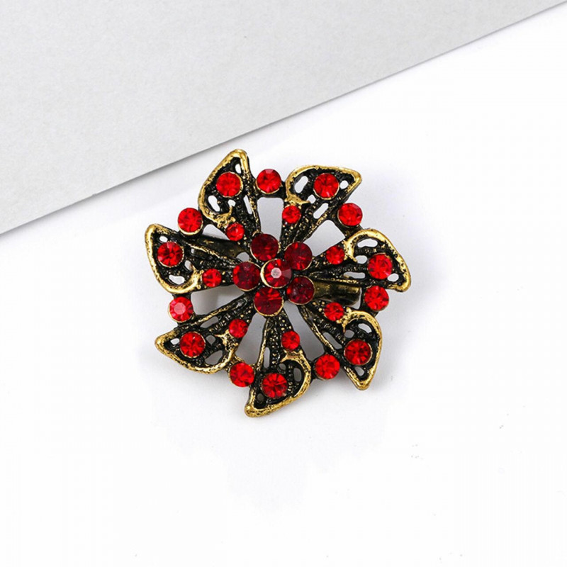 Zinek na bázi slitiny Pin Brože Flower Antique Bronz Red drahokamu 3cm x 3cm 1 kus