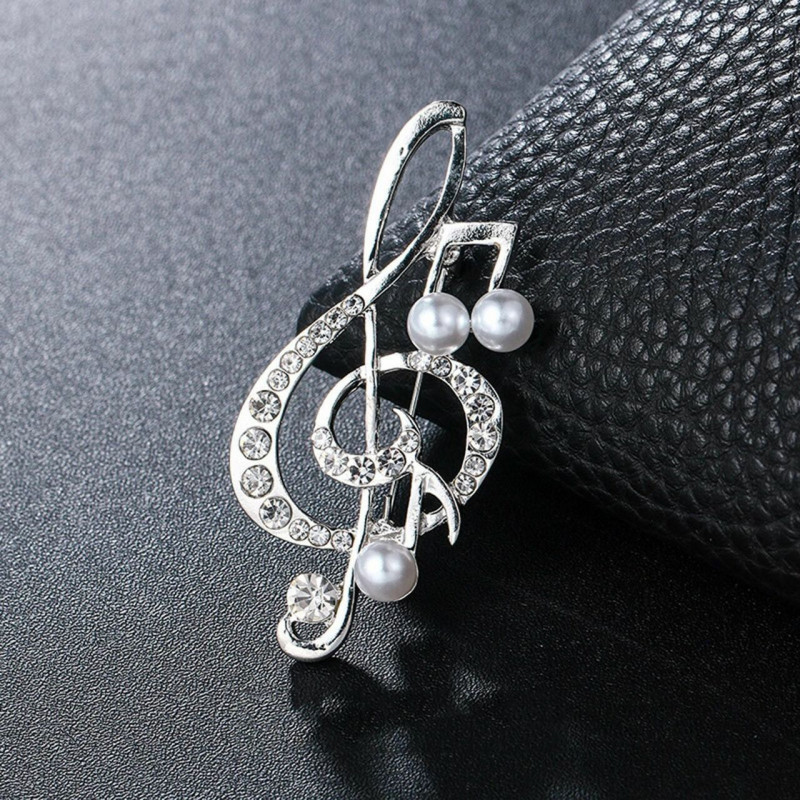 Měděné Pin Brooches Hudební Poznámka Stříbrná Plátěná Bílá Imitace Pearl Clear Rhinestone 5.4cm x 2.5cm 1 kus