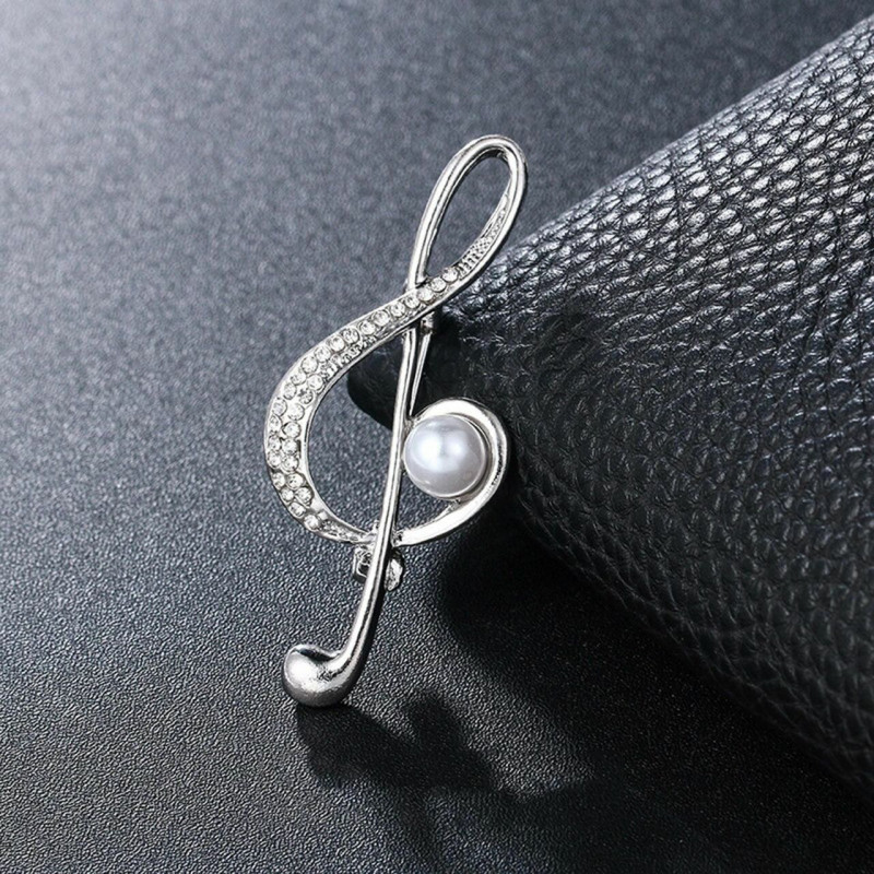 Měděné Pin Brooches Hudební Poznámka Stříbrná Plátěná Bílá Imitace Pearl Clear Rhinestone 5.7cm x 2.3cm 1 kus