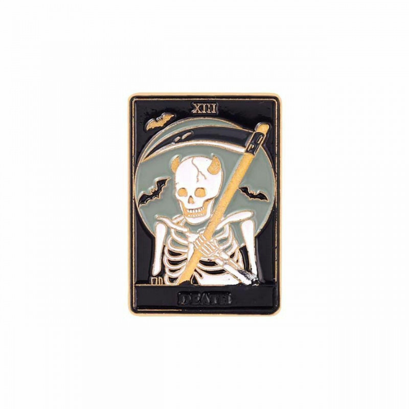 Zinek na bázi slitiny Tarot Pin Brooches Obdélníkové Skeletové lebky Poselství " DEATH " Multicolor Enamel 30mm x 21mm 1 kus