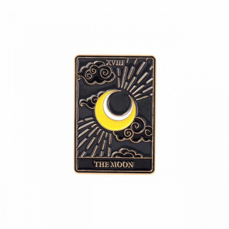 Zinek na bázi slitiny Tarot Pin Brooches Obdélníkové Měsíční poselství " THE MOON " Černá a žlutá Enamel 30mm x 21mm 1 kus