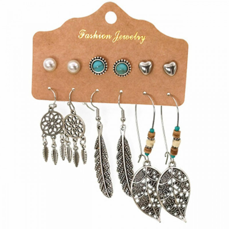 Akryl Boho Chic Bohemia Náušnice Starožitné Stříbrné Barvy Dream Catcher Peří Imitace Tyrkysové 1 Sada (6 Párů / Sada)