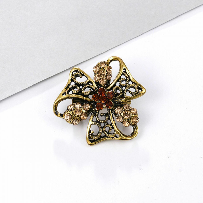 Zinek na bázi slitiny Pin Brooches Flower Antique Bronze Žlutý Rhinestone 3.2cm x 3.2cm 1 kus