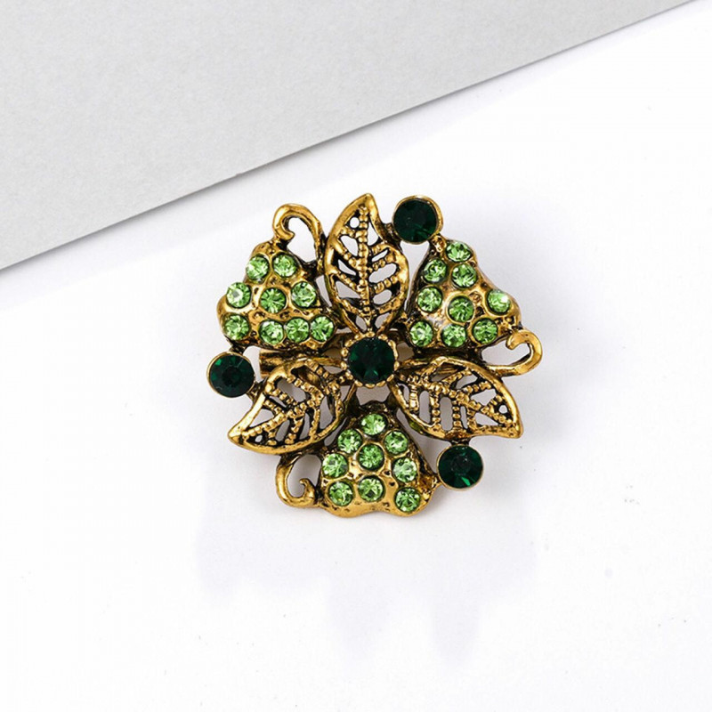 Zinek na bázi slitiny Pin Brože Flower Antique Bronz Green drahokamu 3.3 cm x 3.3 cm 1 kus