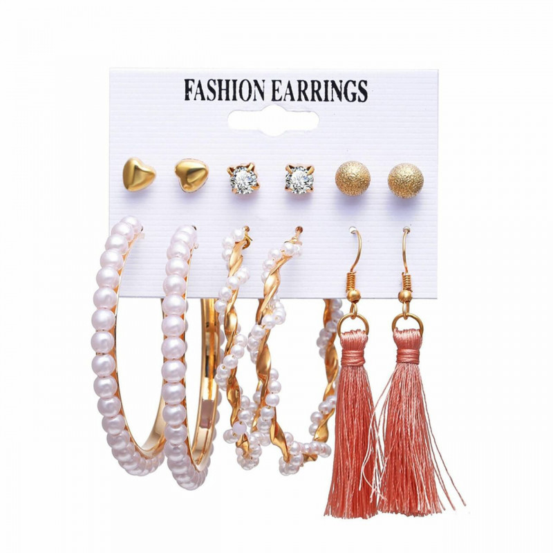 Akrylové náušnice Zlaté obložené kruhové prsteny Tassel Clear Rhinestone Imitation Pearl 62mm 6mm Dia., 1 Set ( 6 Pairs/Set)