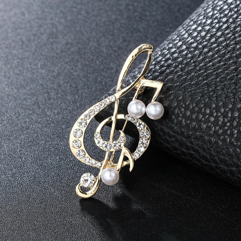 Měděné Pin Brooches Hudební Poznámka Zlatá Plátěná Bílá Imitace Pearl Clear Rhinestone 5.4cm x 2.5cm 1 kus