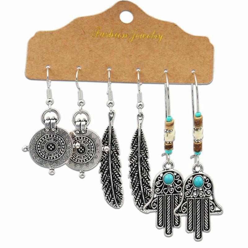 Boho Chic Bohemia Náušnice Starožitné Stříbrné Barvy Zelená Modrá Hamsa Symbol Ruční pěna 67mm - 47mm 1 Set ( 3 Pairs/Set)