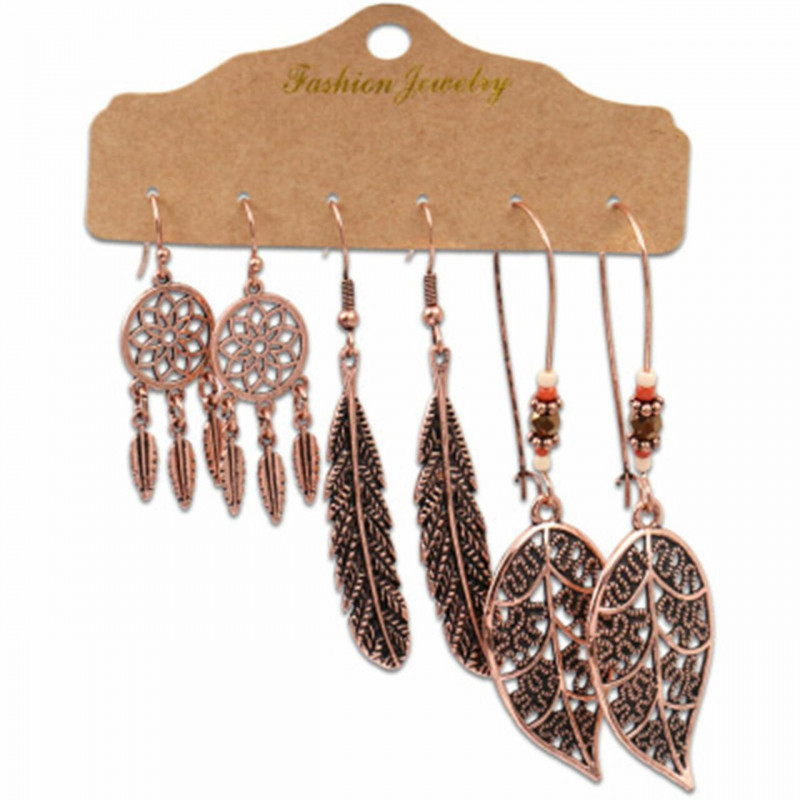 Boho Chic Bohemia náušnice Antique Copper Dream Catcher Feather 58mm x 10mm-43mm x 15mm 1 sada (3 páry / Sada)