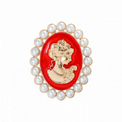 Zinek na bázi slitiny Pin Brože Oval Beauty Lady pozlacená Červená Imitace perly 5.4 cm x 4.3 cm 1 kus