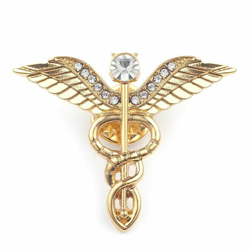 Pin Brože lékařský Symbol Caduceus pozlacený čirý drahokam 4cm (1 5/8") x 3.2 cm (1 2/8"), 1 kus