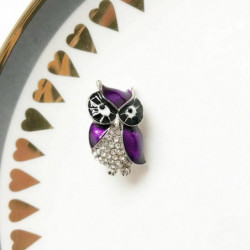 Zinek na bázi slitiny Pin Brooches Owl zvířecí Stříbrný tón Purple Painted Clear Rhinestone 30mm x 17mm 1 kus