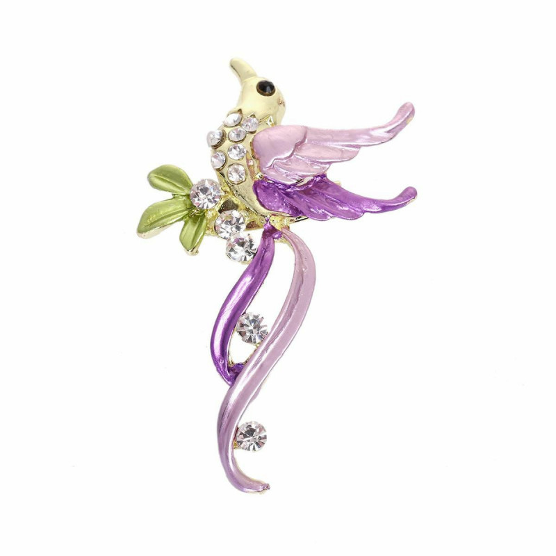 Pin Brože Light Golden Flying Bird Animal Purple & Green W / Clear drahokam 6.3 cm(2 4/8") x 4cm (1 5/8"), 1 kus