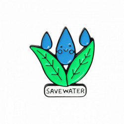 Pin Brože list Drop zpráva "SAVE WATER" modrá a zelená smalt 28 mm x 23 mm 1 kus