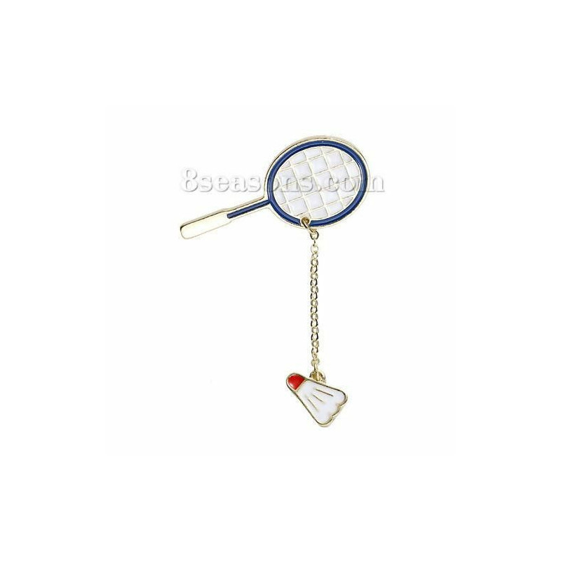 Tie Tac klopě Pin Brože Badminton raketa & míček pozlacený bílý smalt 66mm (2 5/8") x 43mm (1 6/8"), 1 kus