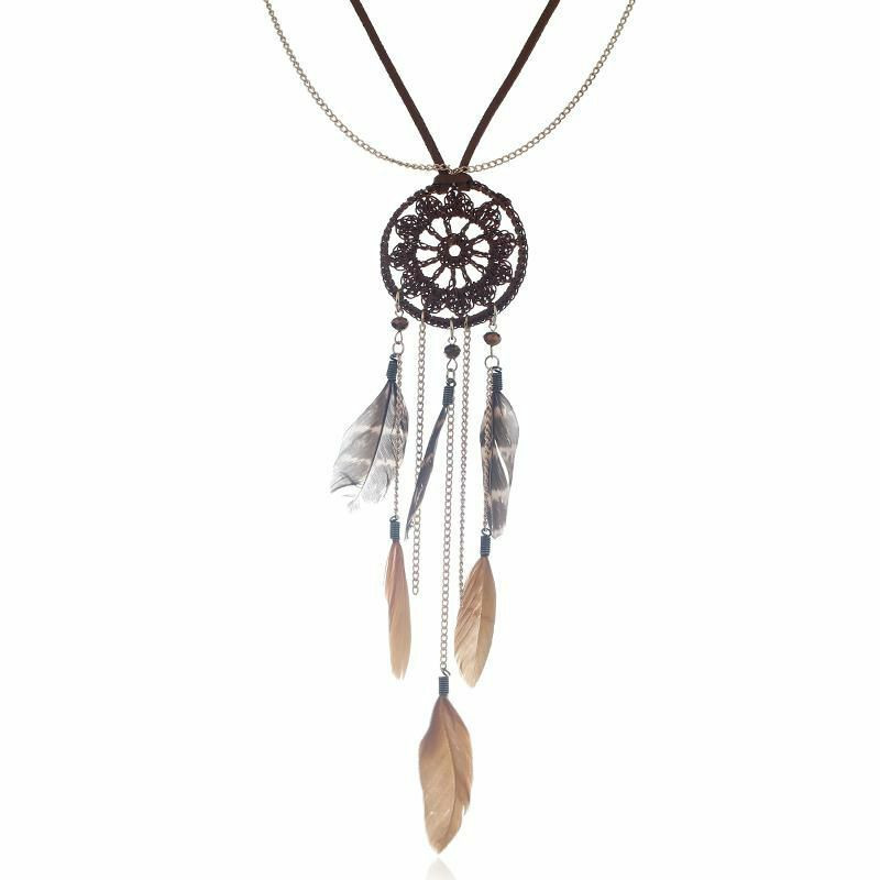 Vícevrstvý náhrdelník Gold Plated Brown Feather Dreamcatcher 69cm(27 1/8") dlouhý, 1 kus