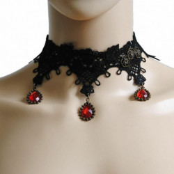 Lace Gothic Choker Náhrdelník Černý Červený Rhinestone 26cm(10 2/8") dlouhý, 1 kus