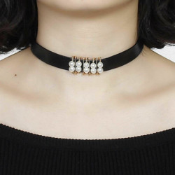 Nový módní černý PU kožený choker náhrdelník zlatá dlažba bezpečnostní piny bílá akrylová perla Imitace 34cm(13 3/8") dlouhá, 1