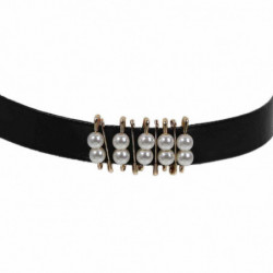 Nový módní černý PU kožený choker náhrdelník zlatá dlažba bezpečnostní piny bílá akrylová perla Imitace 34cm(13 3/8") dlouhá, 1