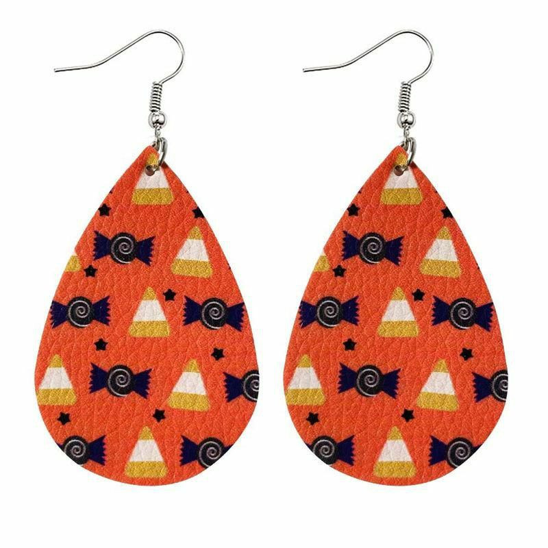 PU kožené Halloween náušnice Orange Candy Drop 78mm x 38mm 1 pár