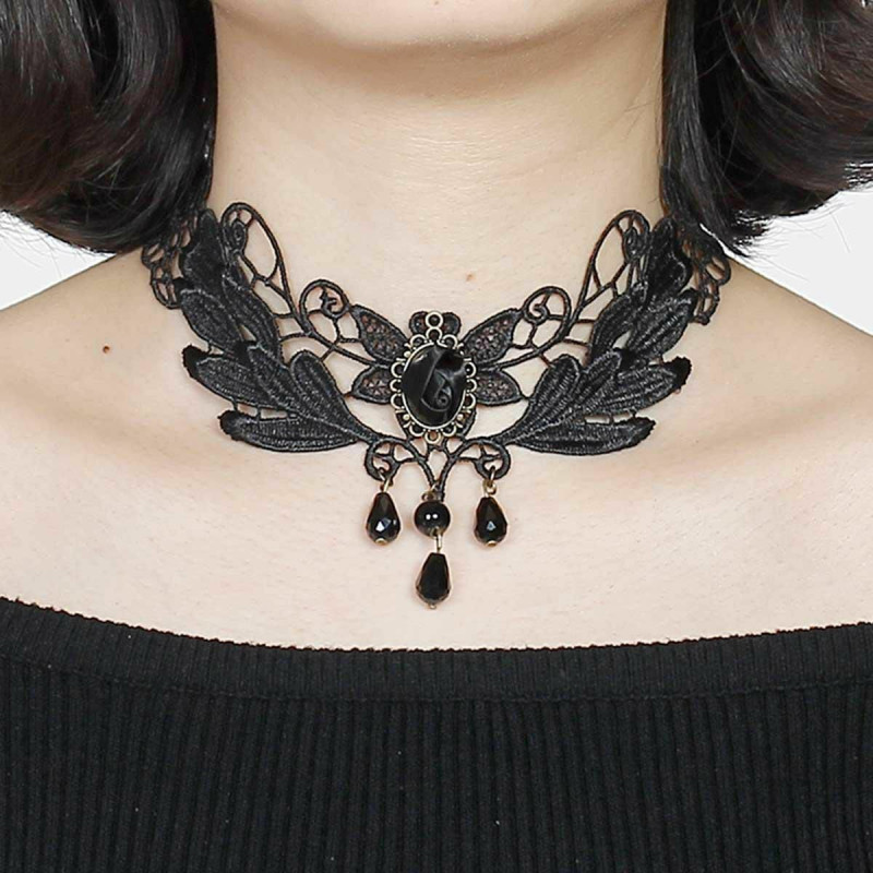 Halloween Gothic Black Hollow Lace Choker Náhrdelník Antický Bronzový Květ 34, 5cm(13 5/8") dlouhý, 1 kus