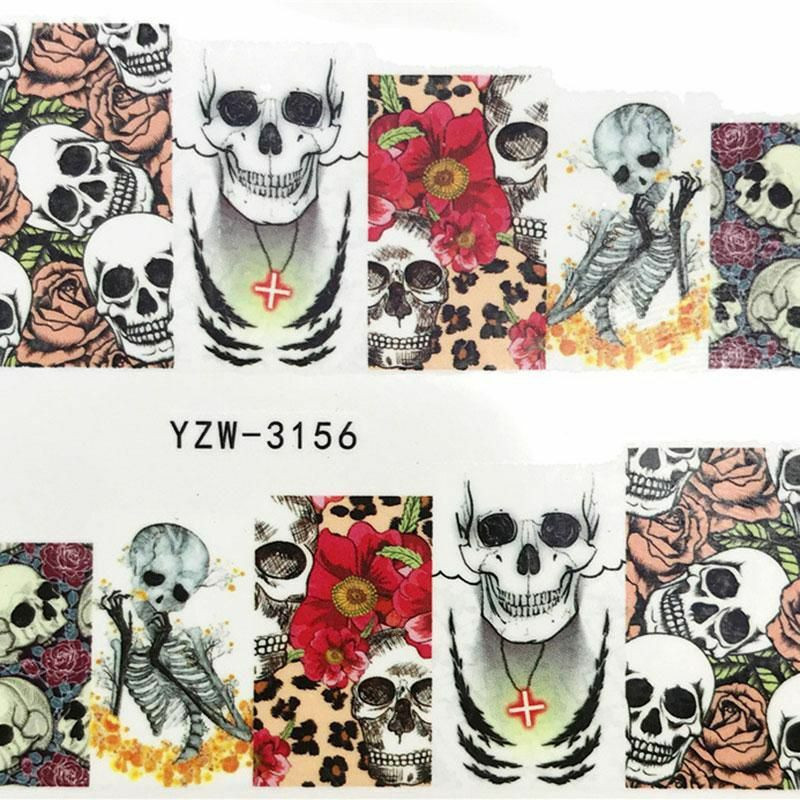 PVC Nail Art samolepky dekorace Skeleton Skull Rose Flower Multicolor 6cm x 5cm 1 list SH007885