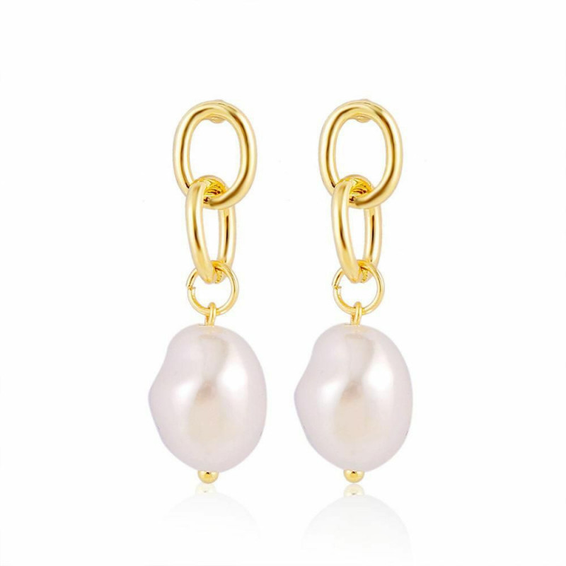 Link řetězové náušnice zlaté plátěné bílé barokní imitace Pearl 7cm - 5cm 1 pár